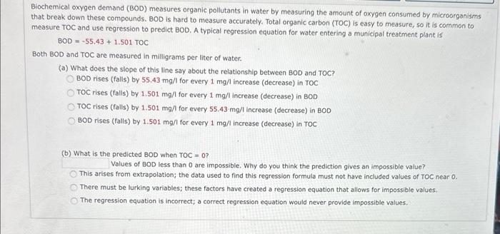 Solved Biochemical oxygen demand (BOD) measures organic | Chegg.com