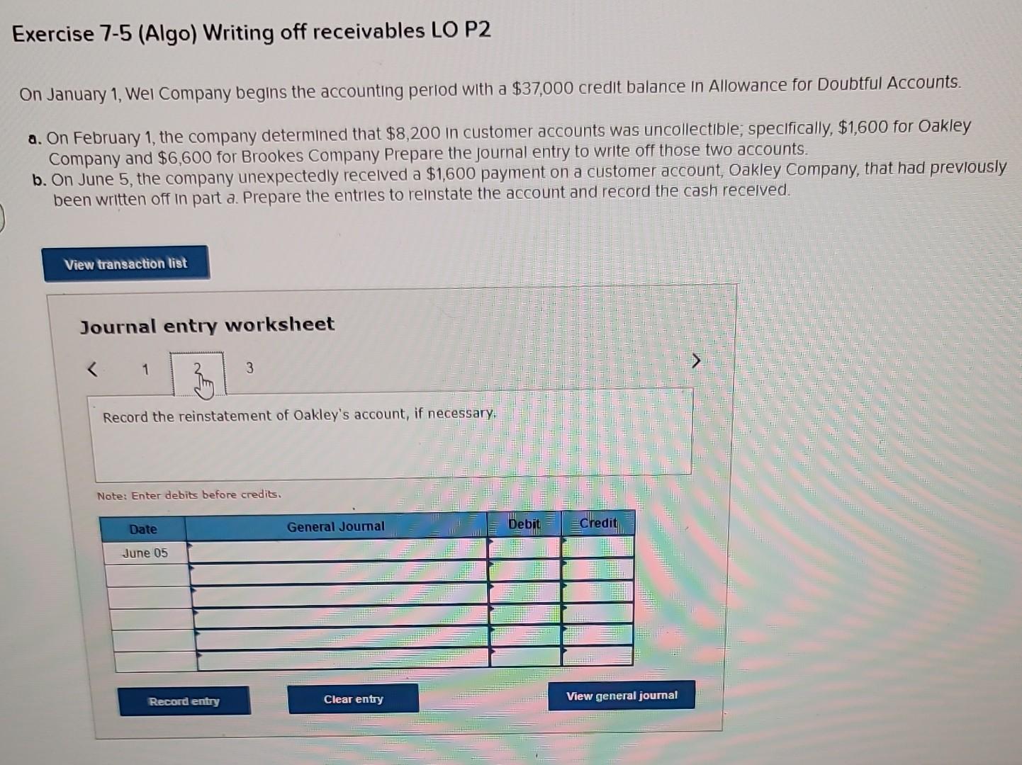 Solved exercise 7 5 algo writing off receivables lo p2 on chegg