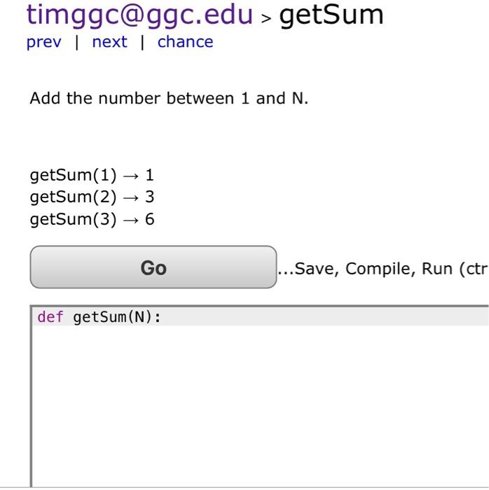 Solved timggc@ggc.edu > getSum prev I next I chance Add the | Chegg.com