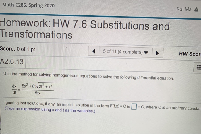 Solved Math C285, Spring 2020 Rui Ma : Homework: HW 7.6 | Chegg.com
