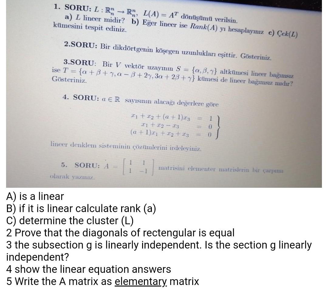 A) Is A Linear B) If It Is Linear Calculate Rank | Chegg.com