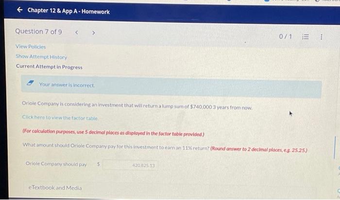 Solved ← Chapter 12 & App A - Homework Question 7 of 9 View | Chegg.com