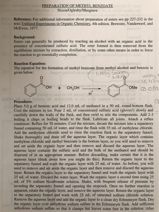 Solved Preparation Of Methyl Benzoate Results Mass Of Be Chegg Com