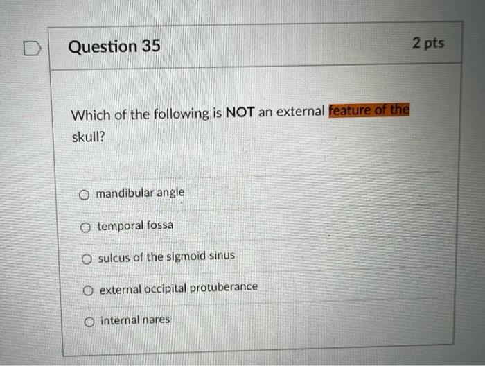Which of the following is NOT an external
skull?
mandibular angle
temporal fossa
sulcus of the sigmoid sinus
external occipit