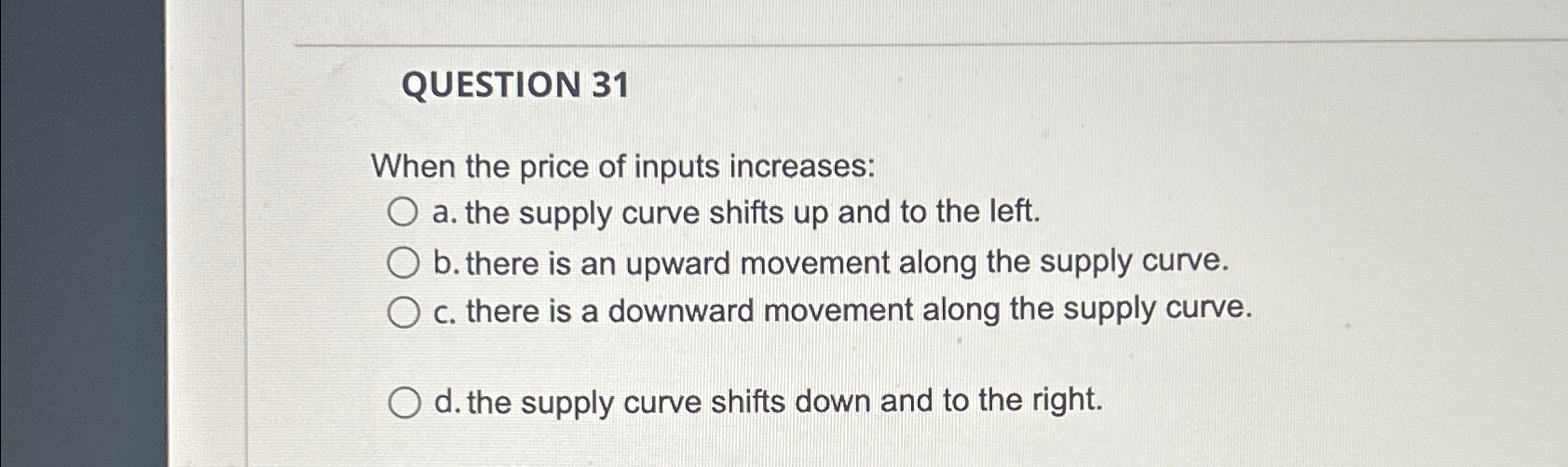 Solved QUESTION 31When the price of inputs increasesa. ﻿the
