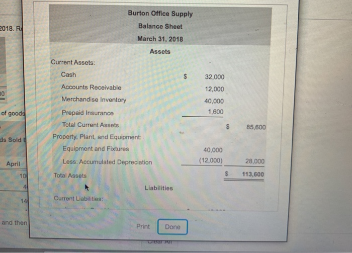Solved Burton Office Supply's March 31, 2018, balance sheet
