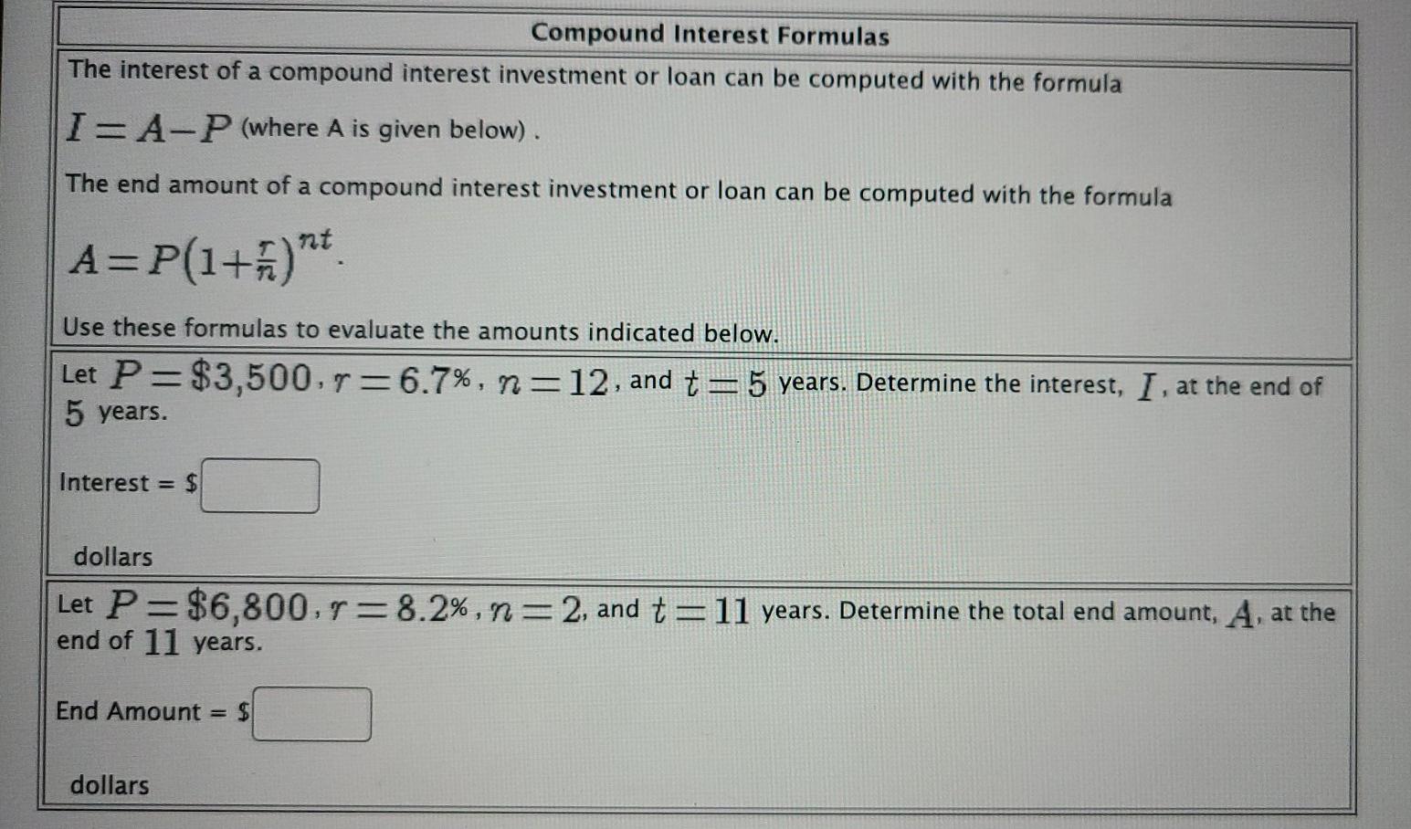 Solved Compound Interest Formulas The interest of a compound | Chegg.com