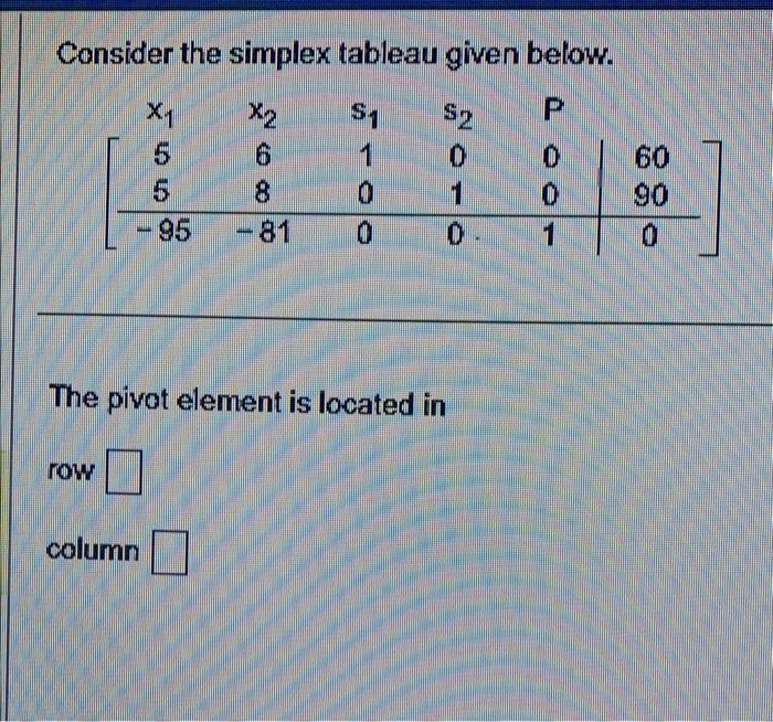 Consider the simplex tableau given below.
The pivot element is located in
row
column