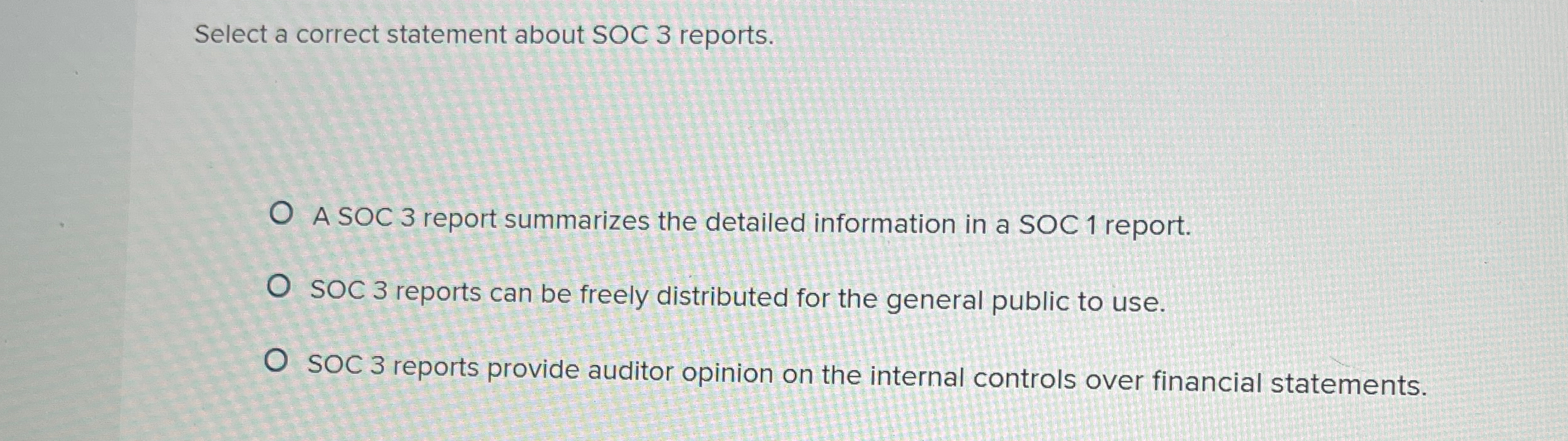 Solved Select a correct statement about SOC 3 ﻿reports.A SOC | Chegg.com