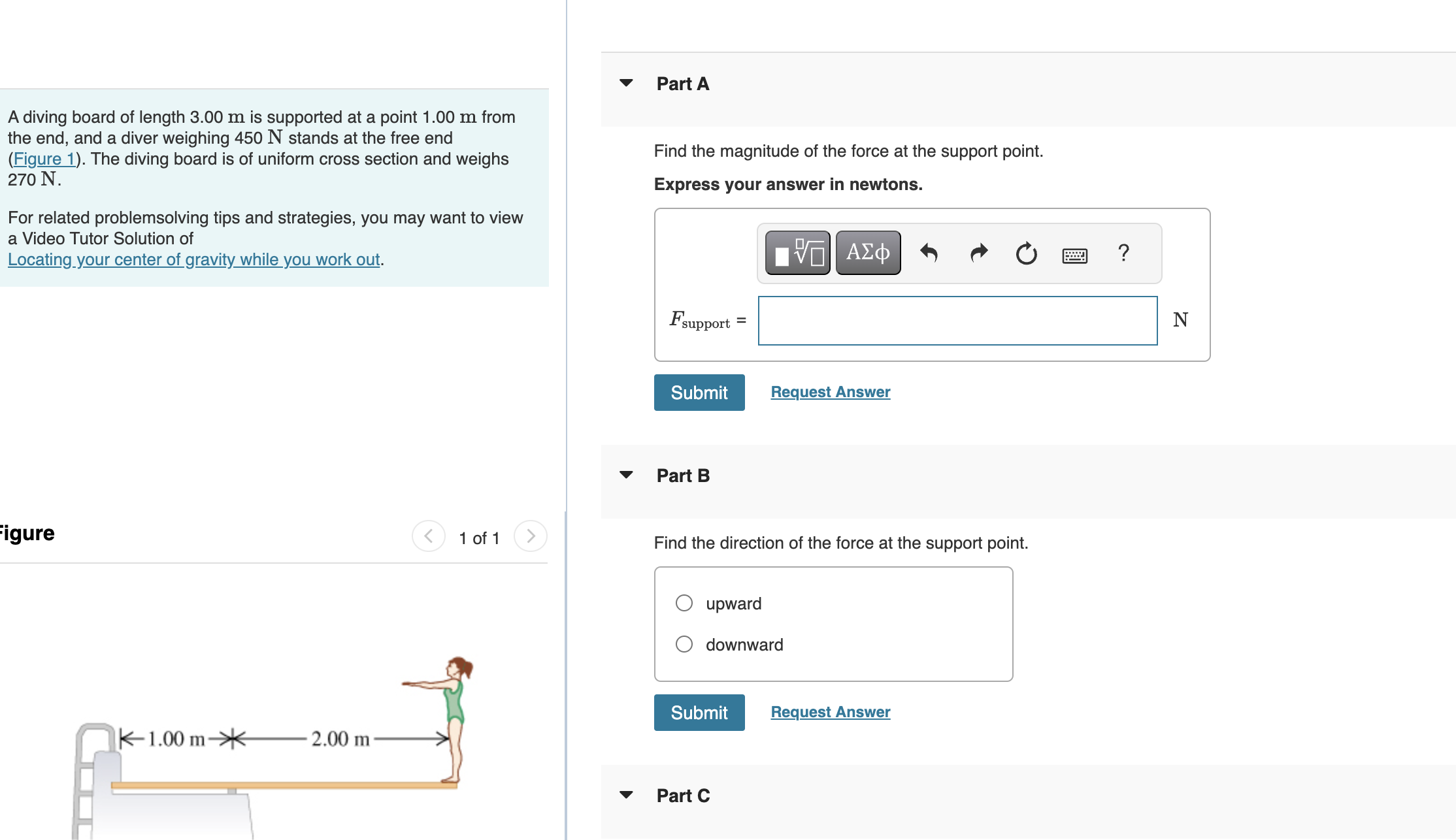 Solved A diving board of length 3.00 ﻿m is supported at a | Chegg.com
