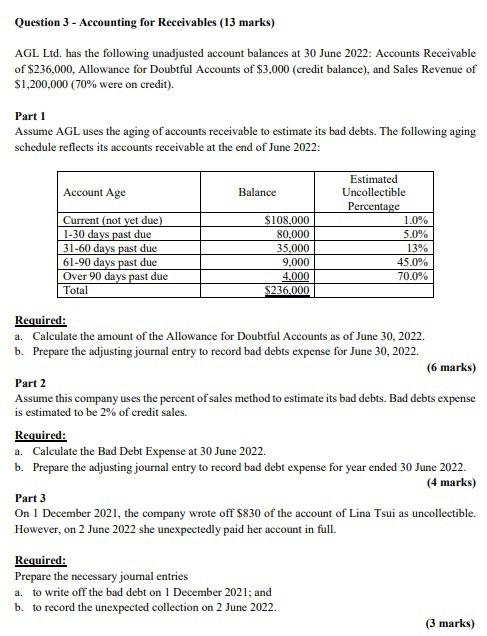 Solved Question 3 Accounting for Receivables 13 marks Chegg