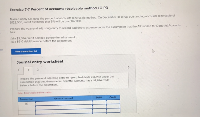 Solved Exercise 7-7 Percent Of Accounts Receivable Method LO | Chegg.com