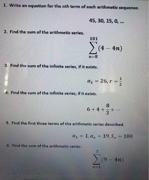 Solved 1. Write an equation for the nth term of each | Chegg.com
