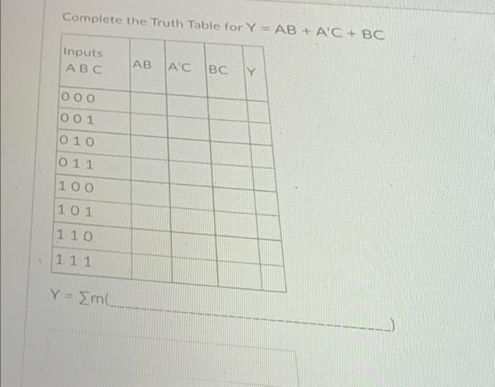 Solved Complete the Truth Table for Y = AB + AC + BC Inputs | Chegg.com