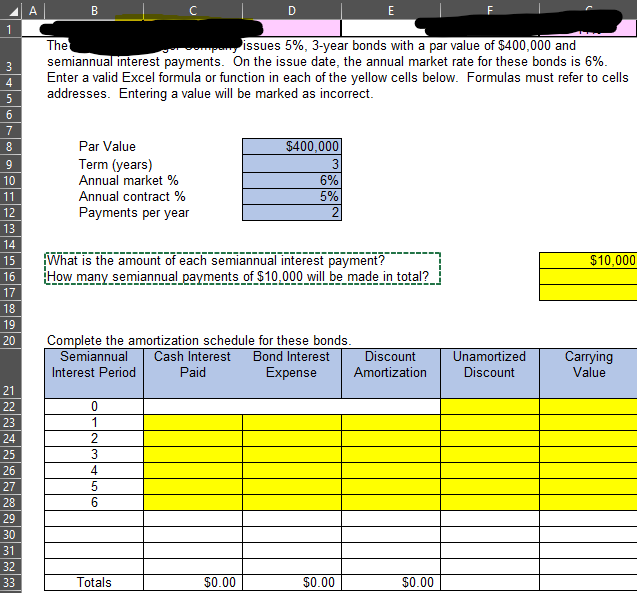 Solved Please help me with the excel formuals. All yellow | Chegg.com