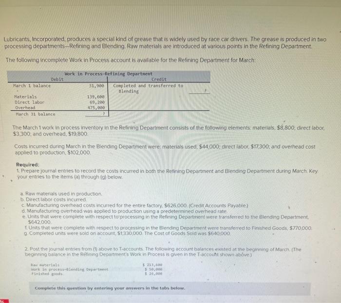 Solved Lubricants. Incorporated, produces a special kind of