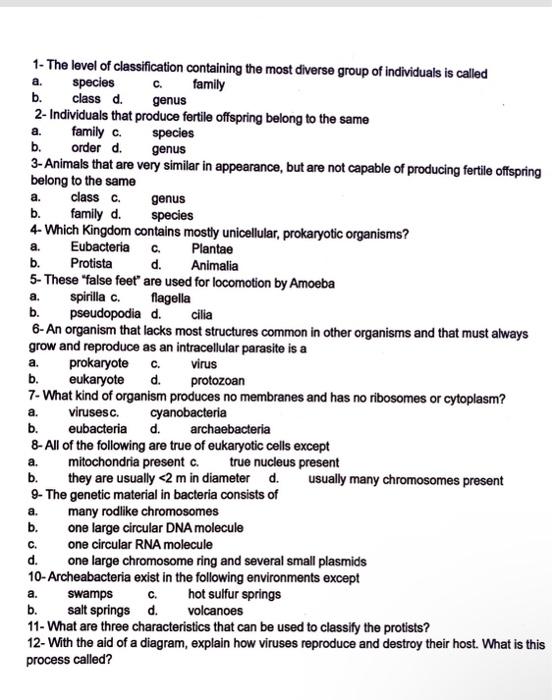 Solved 1- The level of classification containing the most | Chegg.com