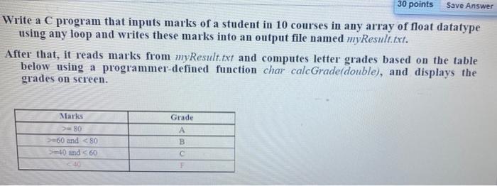 Solved 30 points Save Answer Write a C program that inputs | Chegg.com