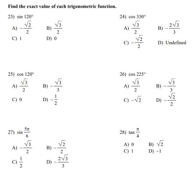 Solved Find the exact value of each trigonometric function. | Chegg.com