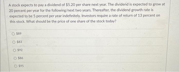 Solved A stock expects to pay a dividend of $5.20 per share | Chegg.com