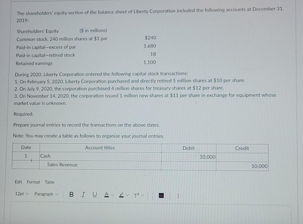 Solved The Shareholders' Equity Section Of The Balance Sheet | Chegg.com