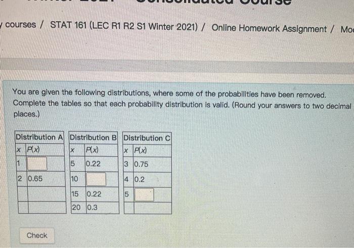 Solved courses / STAT 161 (LEC R1 R2 S1 Winter 2021) / | Chegg.com