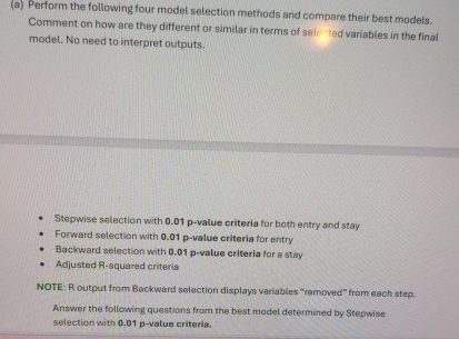 Solved (a) ﻿Perform the following four model selection | Chegg.com