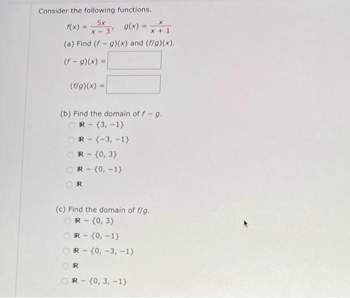 Solved 9(x) = Consider the following functions. 5x X X- -3' | Chegg.com