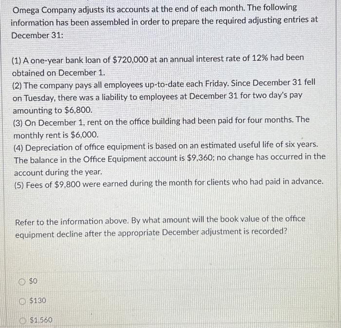 Solved Omega Company adjusts its accounts at the end of each | Chegg.com