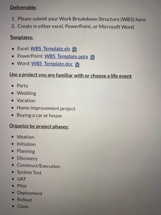 Solved Deliverable 1 Please Submit Your Work Breakdown Chegg Com