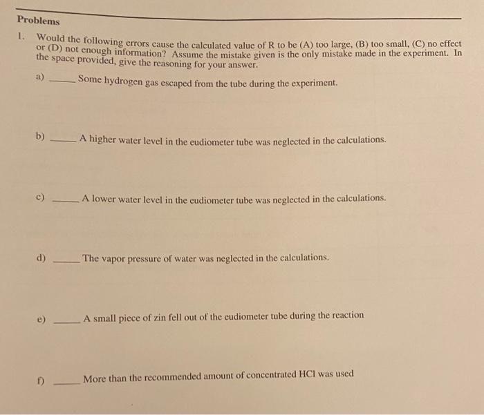 Solved Problems 1. Would the following errors cause the | Chegg.com