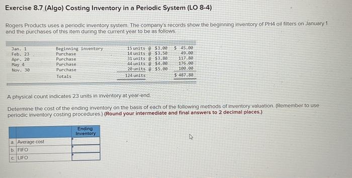 Solved Exercise 8.7 (Algo) Costing Inventory in a Periodic | Chegg.com