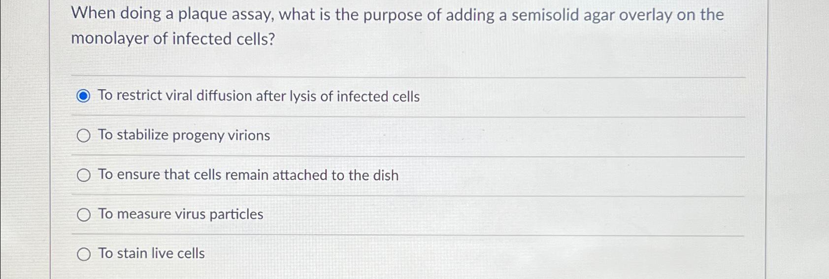 Solved When doing a plaque assay, what is the purpose of