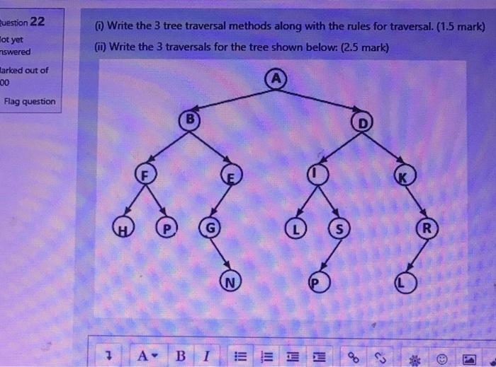 Solved Question 22 Hot yet Write the 3 tree traversal | Chegg.com