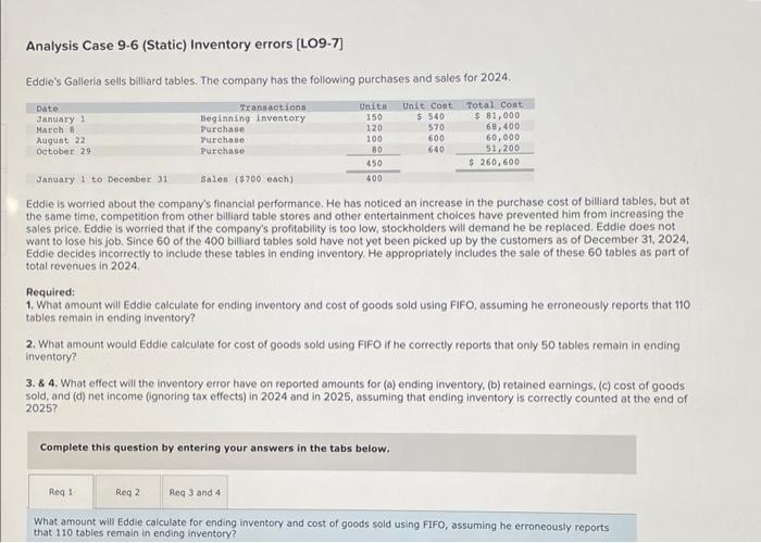 Solved Analysis Case 9-6 (Static) Inventory errors [LO9-7] | Chegg.com