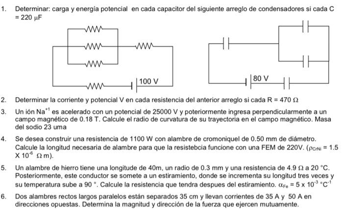 1. Determinar: carga y energía potencial en cada capacitor del siguiente arreglo de condensadores si cada C \( =220 \mathrm{u