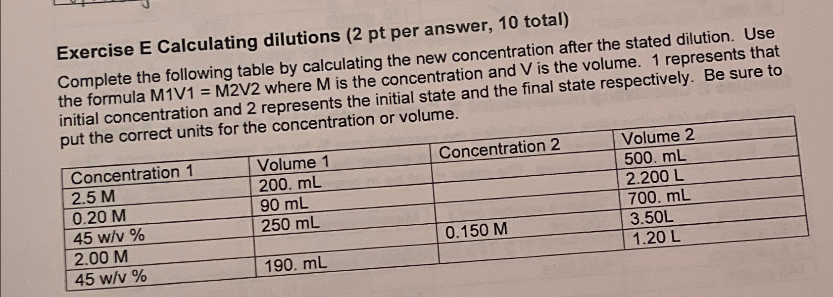 Solved Exercise E Calculating dilutions (2 ﻿pt per answer,