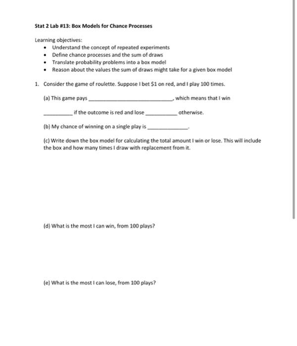 Solved Stat 2 Lab #13: Box Models for Chance Processes | Chegg.com