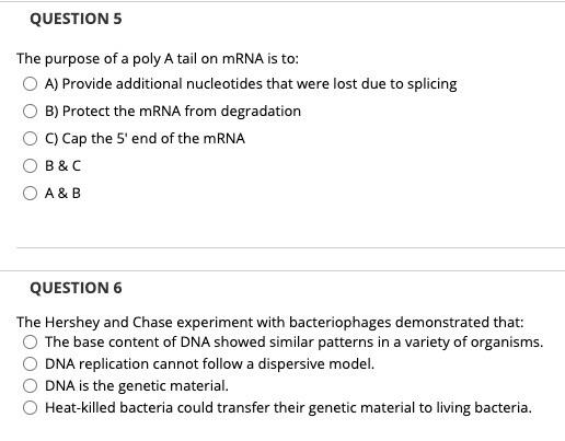 Solved QUESTIONS The purpose of a poly A tail on mRNA is to: | Chegg.com