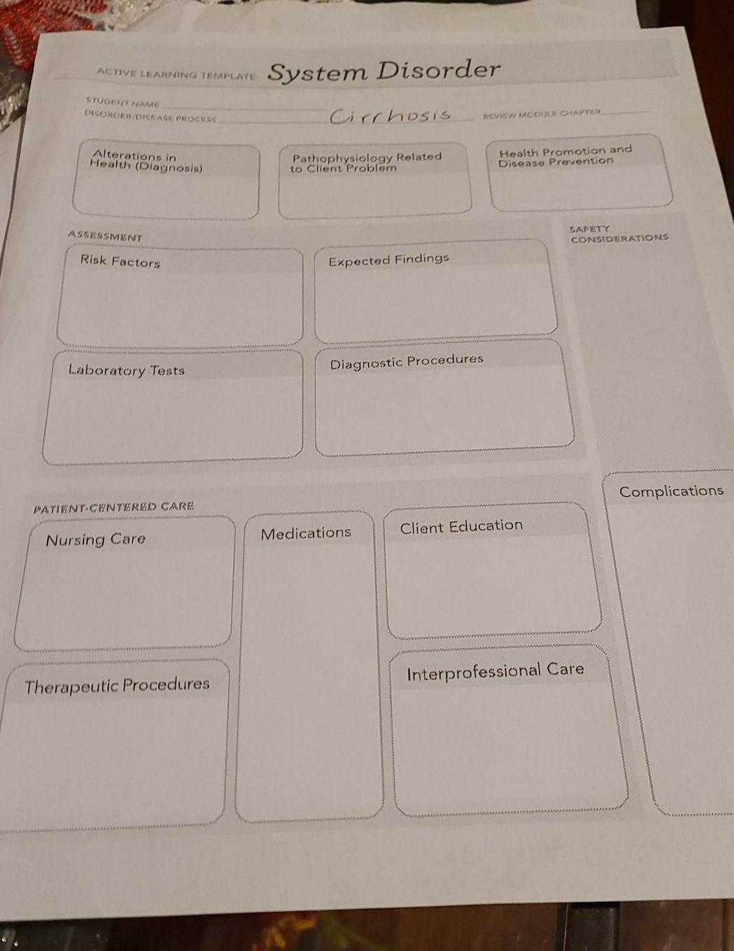 ACTIVE LEARNING TEMPLATE System Disorder STUDENT NAME O CONCER/DISEASE PROCESS Cirrhosis REVIEW MODULE CHATE Alterations in H