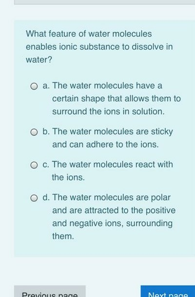 Solved What Feature Of Water Molecules Enables Ionic Subs Chegg Com