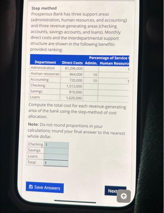 Solved Step Method Prosperous Bank Has Three Support Areas