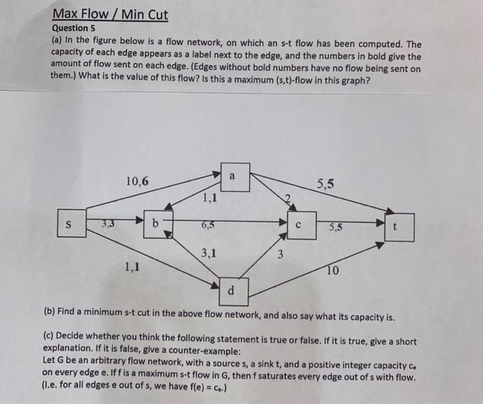 Solved Max Flow / Min Cut Question 5 (a) In the figure below | Chegg.com