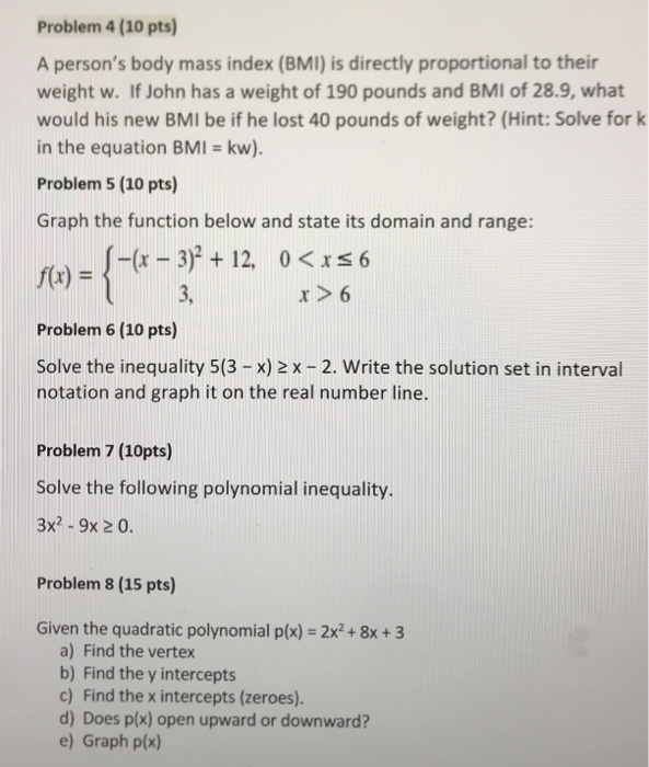 Solved Problem 4 (10 pts) A person's body mass index (BMI) | Chegg.com