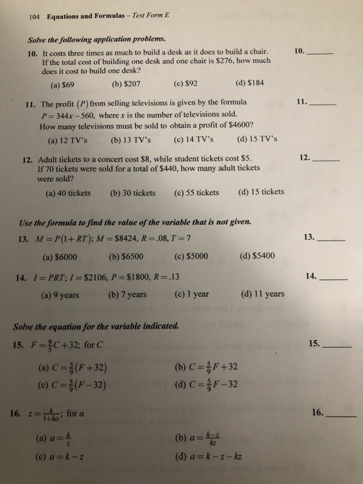 Solved 104 Equations And Formulas Test Form E 10 Solve Chegg Com