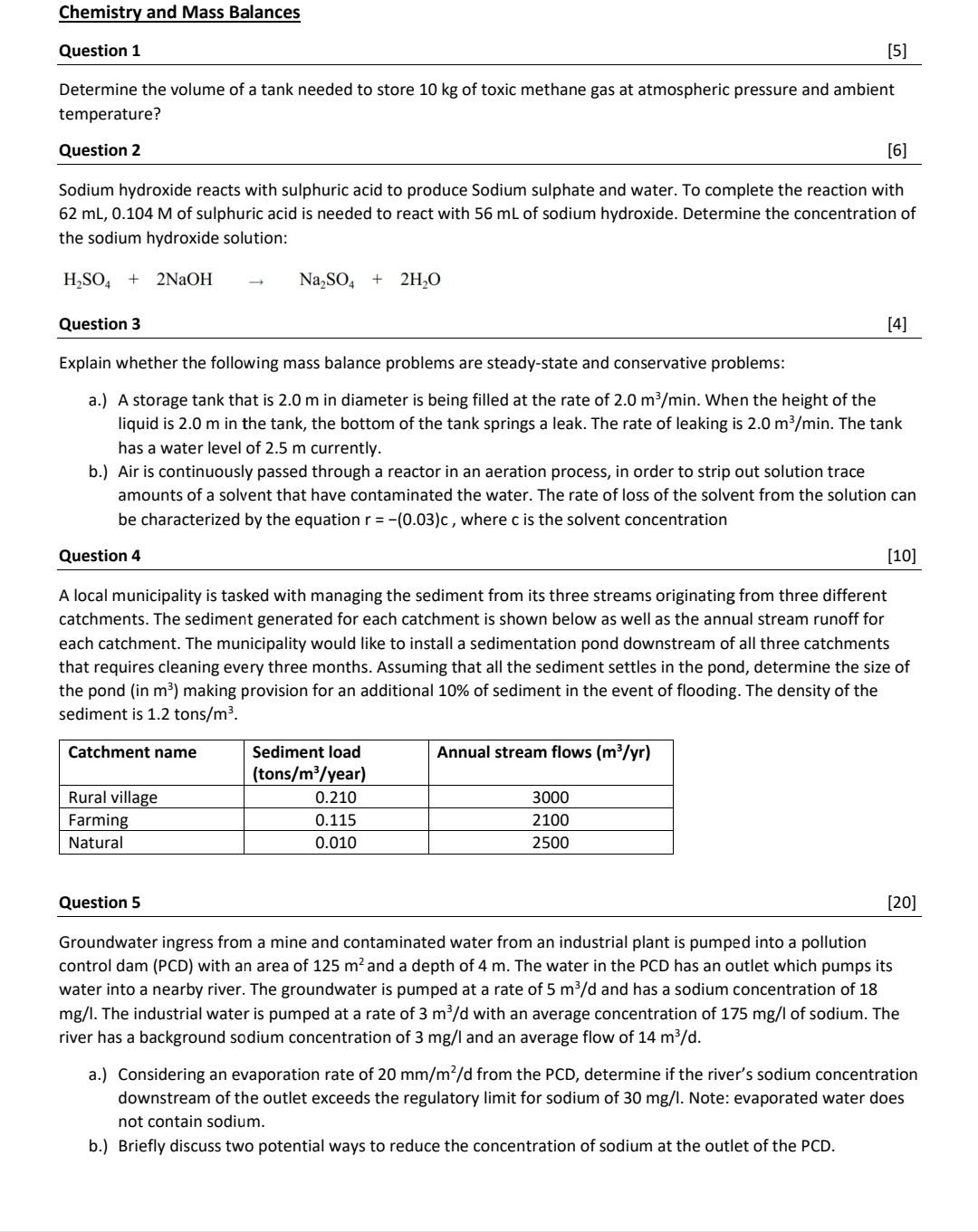 Solved Chemistry And Mass Balances Question 1 [5] Determine 