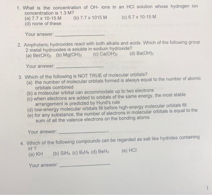 Solved 1. What is the concentration of OH- ions in an HCl | Chegg.com