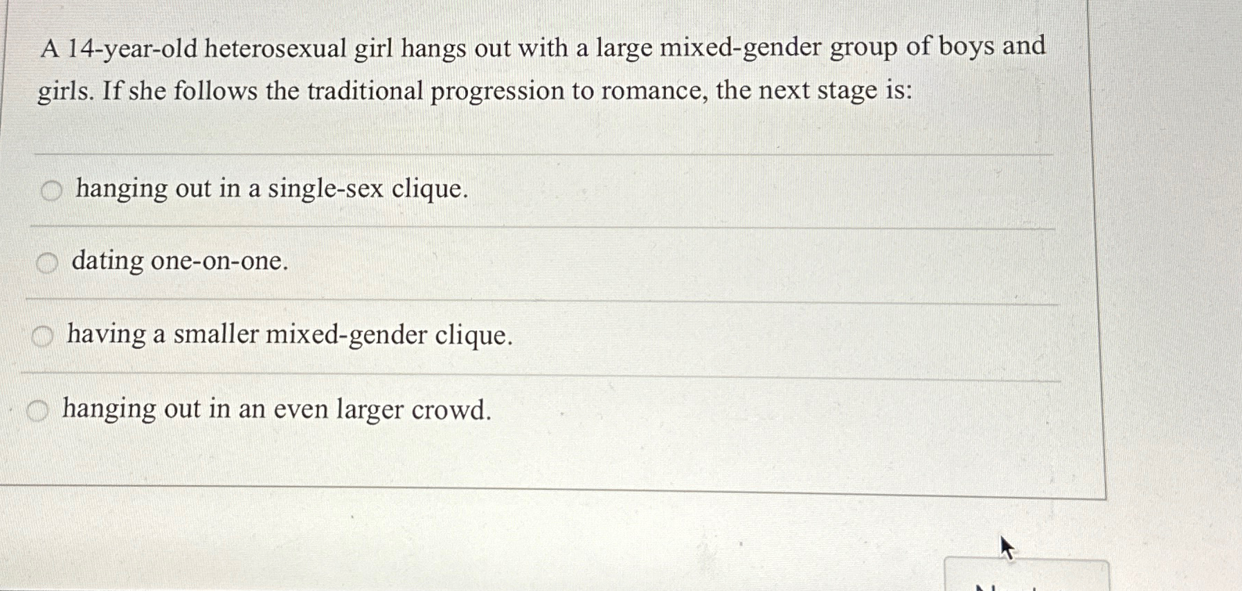 Solved A 14-year-old heterosexual girl hangs out with a | Chegg.com