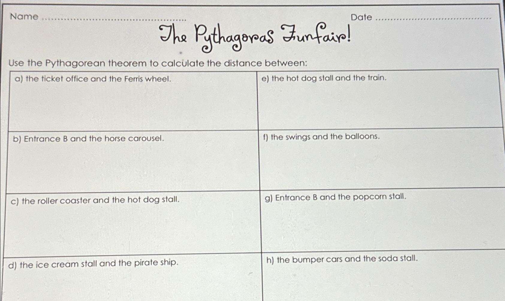 Solved NameDateThe Pythagoras Funfair!Use the Pythagorean | Chegg.com