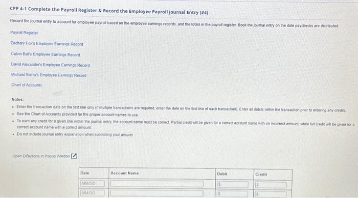CPP 4-1 Complete the Payroll Register &amp; Record the | Chegg.com